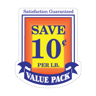 Save 10¢ per lb - Blue, Red & Yellow on White