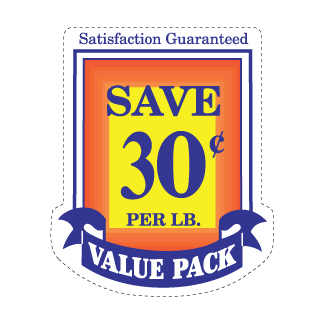 Save 30¢ per lb - Blue, Red & Yellow on White