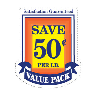 Save 50¢ per lb - Blue, Red & Yellow on White