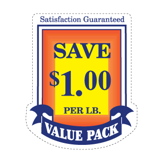 Save $1.00 per lb - Blue, Red & Yellow on White