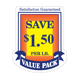 Save $1.50 per lb - Blue, Red & Yellow on White