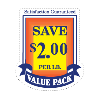 Save $2.00 per lb - Blue, Red & Yellow on White