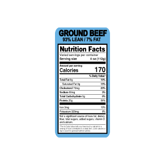 Ground Beef 93/07 - Light Blue Nutrition labels — Buy Cheap Labels